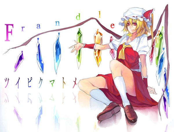 Anime picture 1480x1121 with touhou flandre scarlet irohara mitabi single looking at viewer short hair simple background blonde hair red eyes white background sitting inscription reflection pointing girl wings socks white socks bonnet crystal