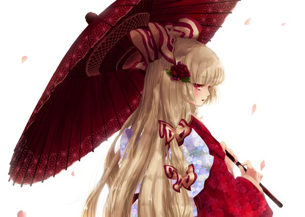 Anime picture 1200x855 with touhou fujiwara no mokou ayase non (artist) long hair blush simple background blonde hair red eyes white background japanese clothes looking back alternate costume girl hair ornament bow hair bow petals umbrella