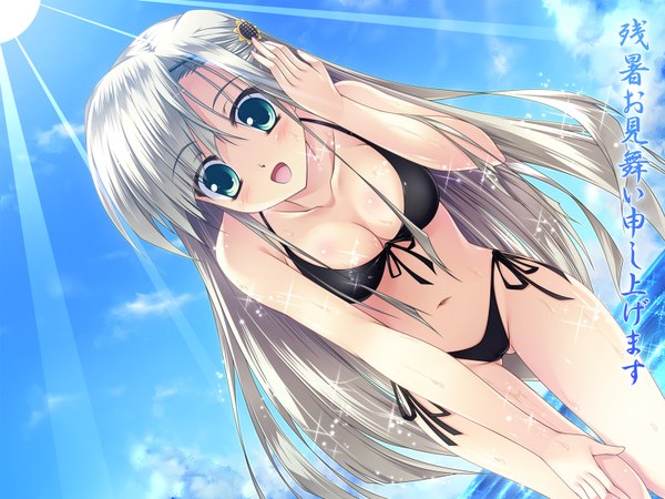 Anime picture 1600x1200 with original nayou taxie single long hair looking at viewer blush breasts open mouth light erotic green eyes silver hair :d sparkle leaning leaning forward ass visible through thighs girl navel swimsuit bikini