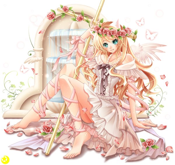 Anime picture 1500x1413 with original kinven single long hair blush open mouth blonde hair smile sitting bare shoulders animal ears barefoot aqua eyes legs angel wings girl dress flower (flowers) bow ribbon (ribbons)