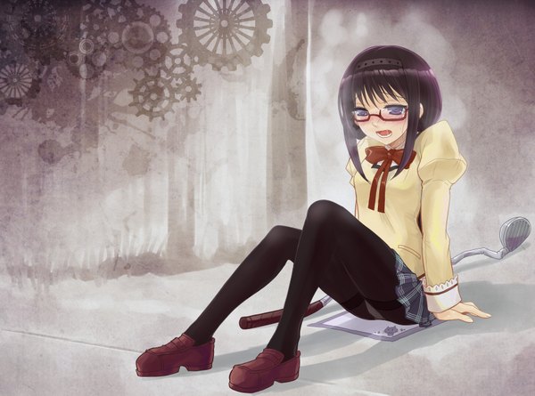 Anime picture 1689x1253 with mahou shoujo madoka magica shaft (studio) akemi homura kazu single long hair blush open mouth black hair purple eyes pantyshot pantyshot sitting girl underwear panties bow pantyhose glasses panties under pantyhose gears