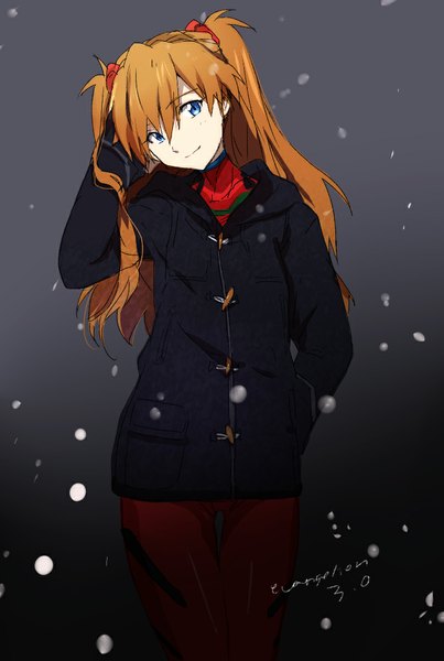 Anime picture 694x1032 with neon genesis evangelion rebuild of evangelion evangelion: 3.0 you can (not) redo gainax soryu asuka langley ume (plumblossom) single long hair tall image blush blue eyes simple background twintails looking away light smile inscription grey background snowing hand on head hand in pocket