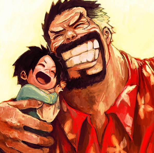 Anime picture 1178x1176 with one piece toei animation portgas d. ace monkey d garp tsuyomaru short hair open mouth black hair simple background smile eyes closed happy scar yellow background alternate age younger boy child (children) beard