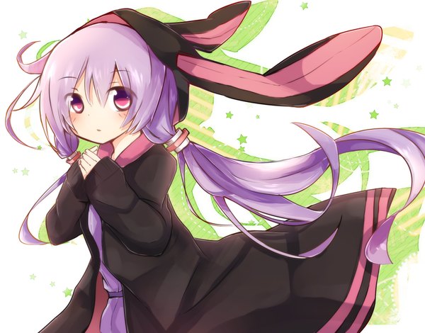 Anime picture 1340x1050 with vocaloid yuzuki yukari tosura-ayato single long hair looking at viewer blush open mouth purple eyes twintails animal ears purple hair open clothes open jacket bunny ears low twintails girl hair ornament hair tubes