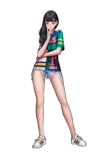 Anime picture 4960x7016 with original jungon single long hair tall image looking at viewer blush fringe highres black hair simple background standing white background brown eyes absurdres full body blunt bangs bare legs short sleeves torn clothes