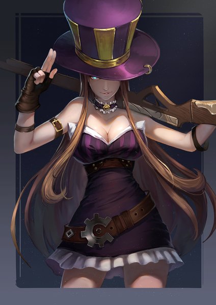 Anime picture 918x1298 with league of legends caitlyn (league of legends) wuguiex single long hair tall image looking at viewer breasts blue eyes brown hair light smile girl dress gloves weapon hat belt fingerless gloves gun purple dress