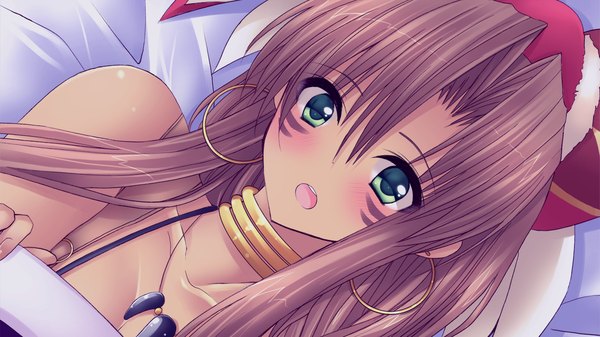 Anime picture 1280x720 with sengoku hime long hair blush open mouth brown hair wide image green eyes game cg girl