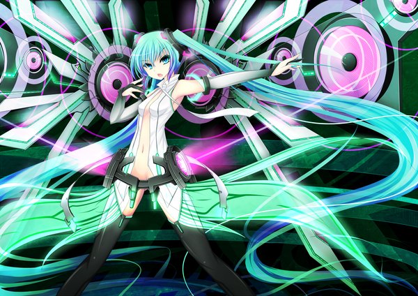 Anime picture 2480x1753 with vocaloid hatsune miku inu3 highres blue eyes green eyes very long hair green hair girl thighhighs headphones
