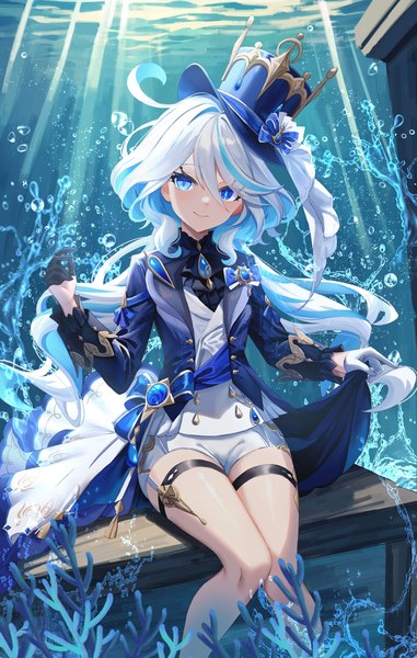 Anime picture 2496x3930 with genshin impact furina (genshin impact) alaya0130 single long hair tall image looking at viewer fringe highres blue eyes smile hair between eyes sitting blue hair silver hair ahoge multicolored hair colored inner hair underwater girl