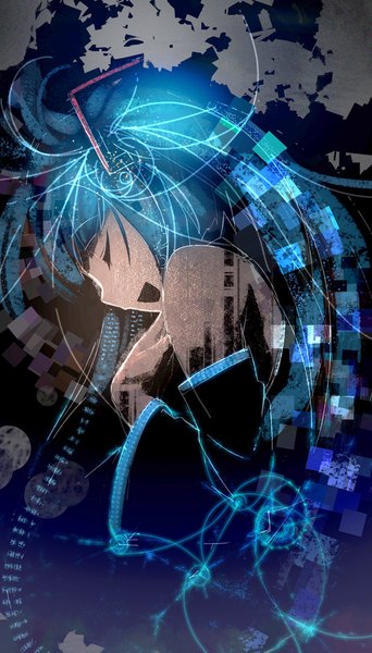 Anime picture 1200x2105 with vocaloid hatsune miku ddal single tall image open mouth blue hair eyes closed very long hair profile girl detached sleeves