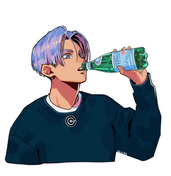Anime picture 1818x1868 with dragon ball dragon ball z san pellegrino trunks (dragon ball) trunks (future) (dragon ball) okada (hoooojicha) single tall image highres short hair blue eyes simple background white background signed looking away purple hair upper body expressionless casual drinking