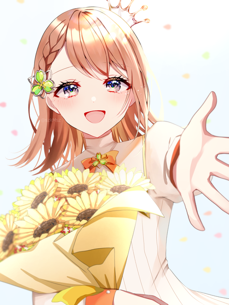 Anime picture 1536x2048 with project sekai hanasato minori szmymsz single tall image looking at viewer short hair open mouth brown hair purple eyes upper body :d outstretched hand girl hair ornament flower (flowers) crown bouquet sunflower mini crown