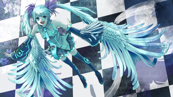 Anime picture 1280x720 with vocaloid hatsune miku haya-g long hair open mouth blue eyes wide image twintails green hair checkered floor girl thighhighs skirt detached sleeves miniskirt wings necktie feather (feathers)