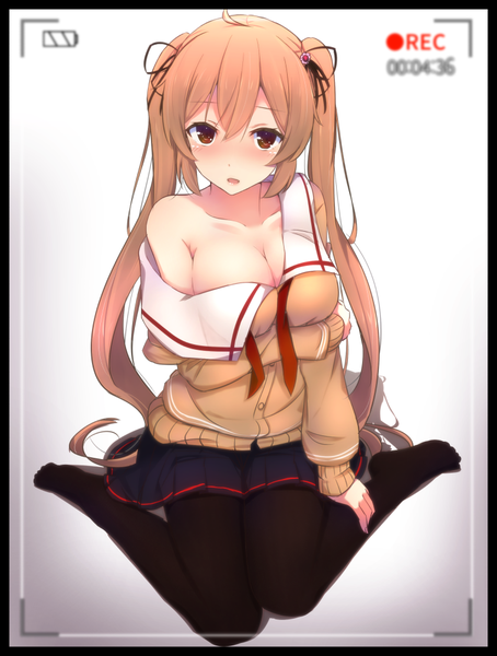Anime picture 757x1000 with kantai collection murasame destroyer cuon (kuon) single long hair tall image looking at viewer blush fringe breasts open mouth light erotic simple background blonde hair hair between eyes large breasts white background sitting twintails bare shoulders