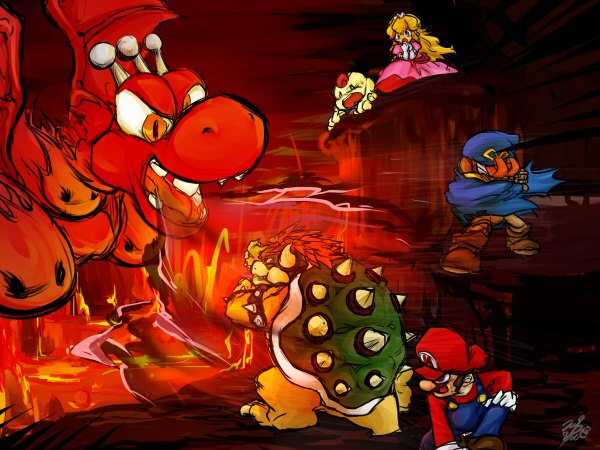 Anime picture 1200x900 with super mario bros. nintendo princess peach mario bowser battle sketch lava epic hat fire dragon doll (dolls) mustache molten rock czar dragon fire spit geno mallow (mario) piu