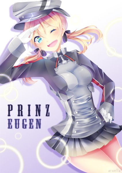 Anime picture 636x900 with kantai collection prinz eugen (kantai collection) aruella single long hair tall image blonde hair twintails pleated skirt one eye closed aqua eyes wink inscription hand on hip salute girl skirt gloves uniform white gloves