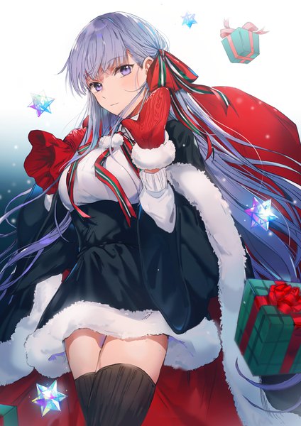 Anime picture 900x1273 with fate (series) fate/extra fate/extra ccc bb (fate) (all) bb (fate/extra) dangmill single long hair tall image looking at viewer fringe purple eyes purple hair blunt bangs zettai ryouiki fur trim christmas waving girl thighhighs