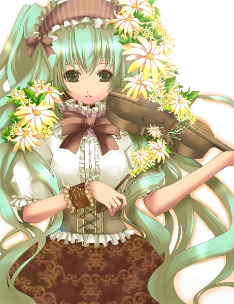 Anime picture 800x1040 with vocaloid hatsune miku yuuki kira single tall image looking at viewer twintails green eyes very long hair aqua hair girl dress flower (flowers) frills hairband violin bow (instrument)