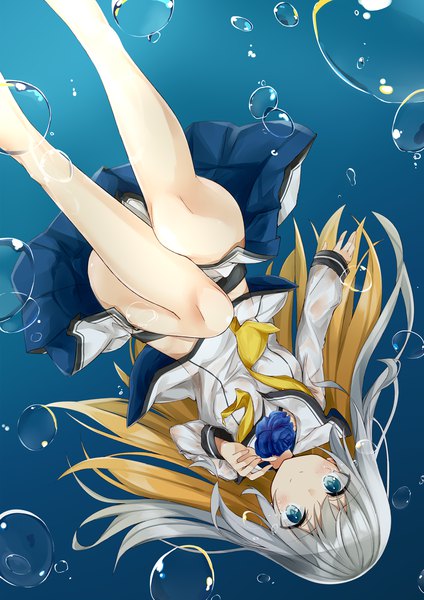 Anime picture 800x1131 with original kavka single long hair tall image looking at viewer fringe blue eyes light erotic blonde hair silver hair multicolored hair two-tone hair bare legs midriff colored inner hair underwater upside down girl uniform