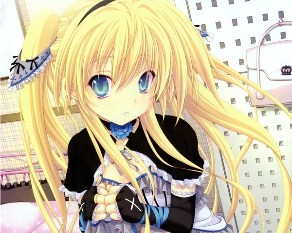Anime picture 2000x1600 with highres blue eyes blonde hair twintails loli goth-loli girl blue rose