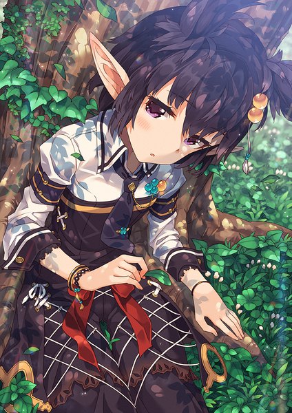 Anime picture 849x1200 with original mano (narumi arata) narumi arata single tall image looking at viewer fringe short hair black hair hair between eyes sitting purple eyes outdoors parted lips head tilt from above sunlight :o elf girl