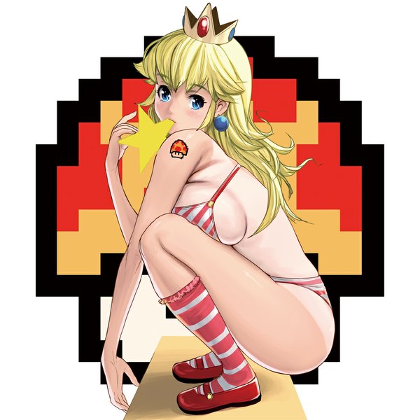 Anime picture 1000x1000 with super mario bros. princess peach masao single long hair looking at viewer blush breasts blue eyes light erotic blonde hair large breasts holding tattoo mouth hold squat tan lines girl underwear swimsuit