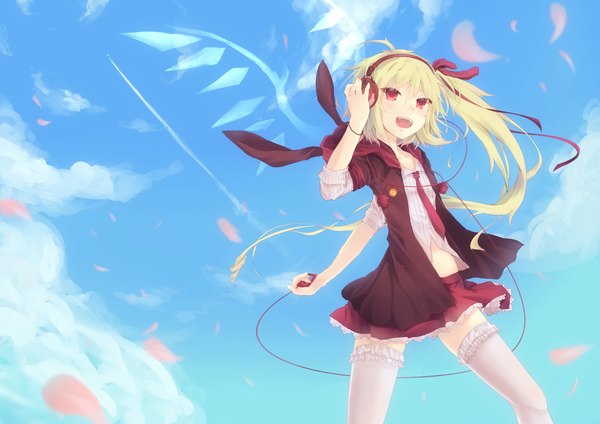 Anime picture 1227x868 with touhou flandre scarlet gensou aporo blush short hair open mouth blonde hair red eyes ponytail side ponytail girl thighhighs dress petals white thighhighs wings headphones crystal digital media player