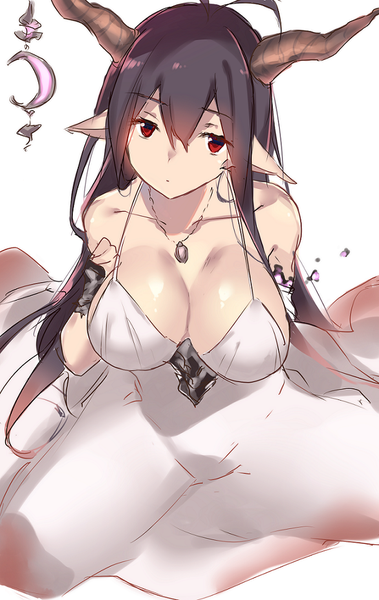 Anime picture 614x972 with granblue fantasy danua makaiko single long hair tall image looking at viewer fringe breasts light erotic black hair simple background hair between eyes red eyes large breasts cleavage ahoge horn (horns) pointy ears sketch
