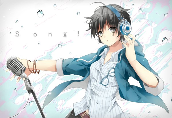 Anime picture 1930x1333 with original hanagata single looking at viewer highres short hair black hair ahoge black eyes inscription girl glasses headphones bubble (bubbles) microphone microphone stand