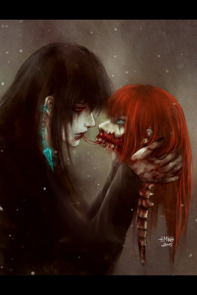 Anime picture 1000x1500 with original morana (original character) nanfe long hair tall image fringe black hair red eyes holding signed nail polish profile lips realistic teeth dated dark background letterboxed pale skin bone (bones)