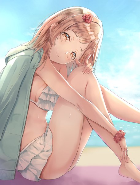 Anime picture 1000x1316 with idolmaster idolmaster shiny colors sakuragi mano irohakaede single tall image looking at viewer blush fringe short hair breasts light erotic smile brown hair sitting brown eyes sky cloud (clouds) outdoors head tilt