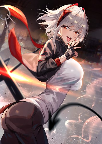 Anime picture 2480x3508 with arknights w (arknights) shanguier single tall image blush fringe highres short hair breasts open mouth hair between eyes red eyes standing silver hair tail nail polish looking back multicolored hair horn (horns)