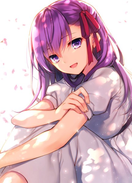 Anime picture 907x1261 with fate (series) fate/stay night matou sakura toosaka asagi single long hair tall image looking at viewer fringe open mouth hair between eyes white background sitting purple eyes purple hair puffy sleeves girl dress ribbon (ribbons) hair ribbon