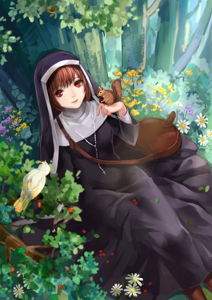 Anime picture 1000x1414 with sound horizon monogo single tall image looking at viewer short hair red eyes brown hair light smile nun girl flower (flowers) plant (plants) animal tree (trees) bird (birds) cross beads cross necklace squirrel
