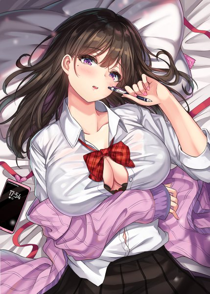 Anime picture 858x1200 with original cenangam single long hair tall image looking at viewer blush fringe breasts open mouth light erotic hair between eyes brown hair large breasts purple eyes holding lying nail polish head tilt pleated skirt