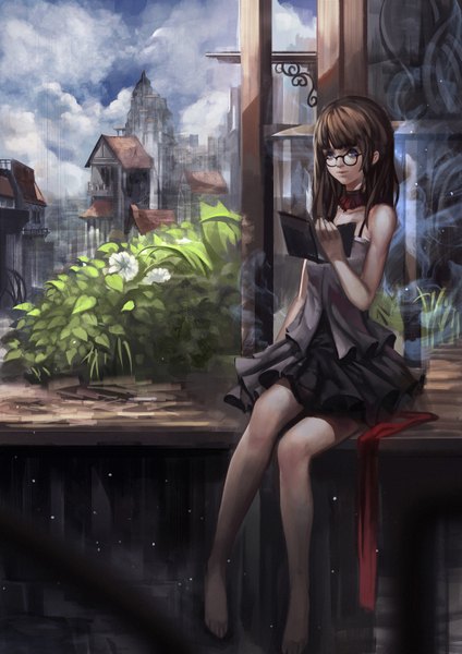 Anime picture 2480x3508 with original baka (mh6516620) single long hair tall image highres blue eyes brown hair sitting sky cloud (clouds) girl dress flower (flowers) glasses book (books) building (buildings)