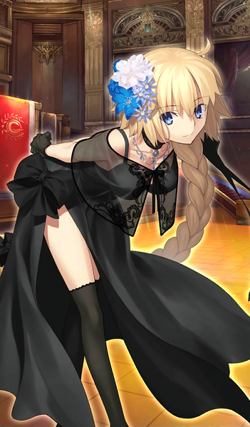 Anime picture 1024x1750 with fate (series) fate/grand order fate/apocrypha jeanne d'arc (fate) (all) jeanne d'arc (formal dress) (fate) jehanne lov single long hair tall image breasts blue eyes smile standing ahoge indoors braid (braids) hair flower official art leaning leaning forward