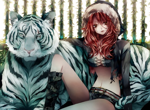 Anime picture 1700x1252 with original tsukioka tsukiho single long hair highres breasts yellow eyes cleavage red hair lips mole torn clothes scar girl navel animal shorts boots belt tiger