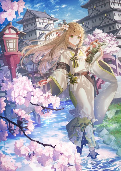 Anime picture 1061x1500 with girls frontline girls' frontline neural cloud sakuya (neural cloud) no.aei single long hair tall image looking at viewer blush fringe smile brown hair standing holding green eyes sky cloud (clouds) full body outdoors blunt bangs