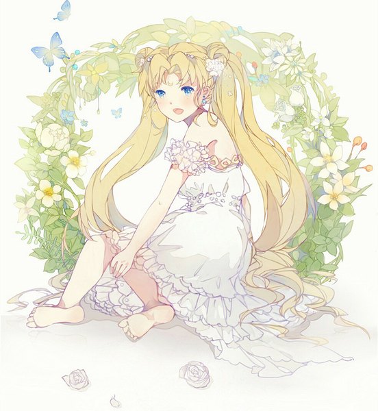 Anime picture 984x1068 with bishoujo senshi sailor moon toei animation princess serenity xiaohan single long hair tall image blush open mouth blue eyes simple background blonde hair white background sitting bare shoulders very long hair looking back barefoot hair flower from behind