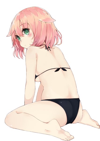 Anime picture 1071x1500 with original kou mashiro single tall image looking at viewer blush fringe short hair breasts light erotic simple background white background sitting green eyes animal ears pink hair bent knee (knees) looking back barefoot from behind