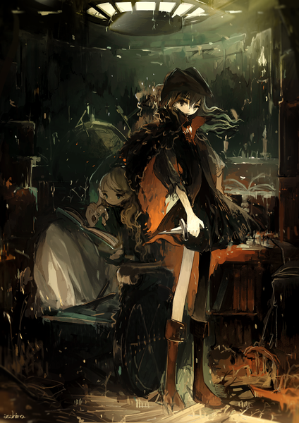 Anime picture 600x849 with original asahiro long hair tall image looking at viewer black hair blonde hair sitting multiple girls green eyes signed dark background reading girl dress weapon 2 girls boots headdress black dress