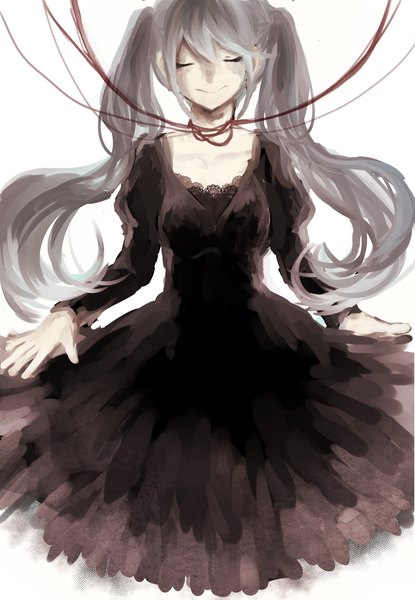 Anime picture 1200x1732 with vocaloid hatsune miku danjou sora single long hair tall image simple background smile white background twintails eyes closed pale skin girl dress ribbon (ribbons) black dress