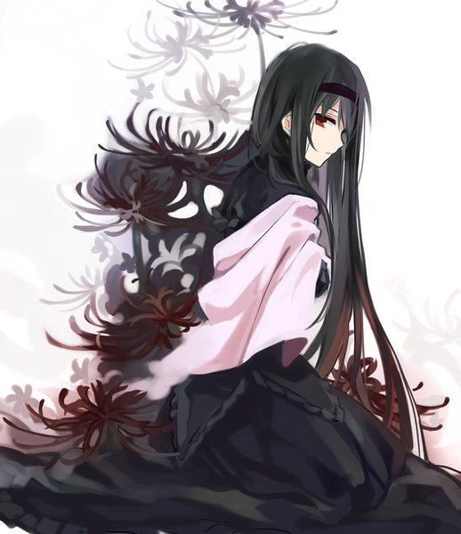 Anime picture 1309x1515 with mahou shoujo madoka magica shaft (studio) akemi homura homulilly zgxuke single long hair tall image looking at viewer fringe black hair red eyes white background sitting parted lips profile girl dress flower (flowers) black dress