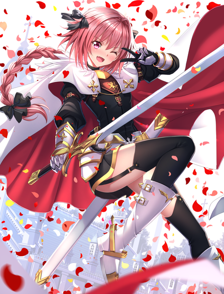 Anime picture 1102x1445 with fate (series) fate/apocrypha astolfo (fate) swordsouls single long hair tall image looking at viewer blush fringe open mouth light erotic holding pink hair bent knee (knees) braid (braids) one eye closed pink eyes wink fang (fangs)