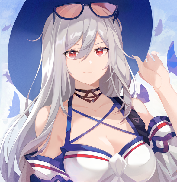 Anime picture 2350x2406 with arknights skadi (arknights) skadi (waverider) (arknights) saibe single long hair tall image looking at viewer fringe highres hair between eyes red eyes cleavage silver hair upper body official alternate costume adjusting hat girl hat