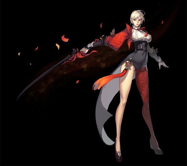 Anime picture 1407x1250 with blade & soul gio (maroon0924) single short hair breasts simple background red eyes large breasts grey hair legs covered navel black background girl dress weapon petals sword