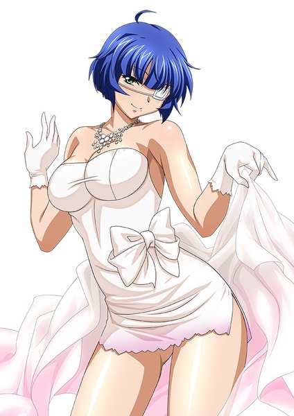 イラスト 600x848 と 一騎当千 ryomou shimei ソロ 長身像 短い髪 青い目 light erotic simple background 白背景 青い髪 女の子 ドレス 手袋 白手袋 眼帯 ウェディングドレス