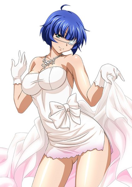 Anime picture 600x848 with ikkitousen ryomou shimei single tall image short hair blue eyes light erotic simple background white background blue hair girl dress gloves white gloves eyepatch wedding dress