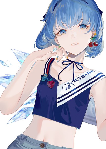 Anime picture 1300x1820 with touhou cirno hillly (maiwetea) single tall image looking at viewer short hair blue eyes blue hair nail polish parted lips midriff alternate costume multicolored nail polish girl earrings wings choker ring fruit